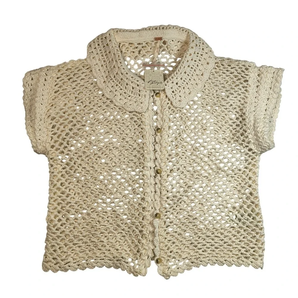 Free People Lily Crochet Top Coconut Milk Large NWT Cotton Open Knit Boho Blouse